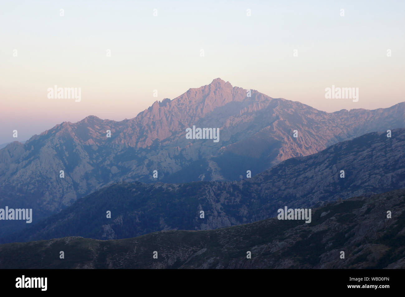 Monte d'Oro von Petra Piana, Abendlicht, Frankreich, Korsika, GR 20. Stockfoto