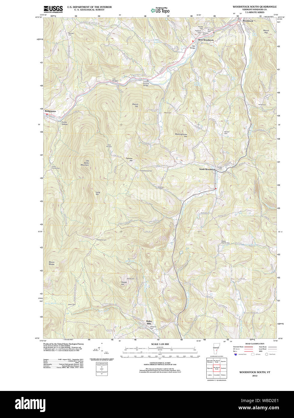 USGS Topo Karte Vermont VT Woodstock Süd 20120507 TM Wiederherstellung Stockfoto