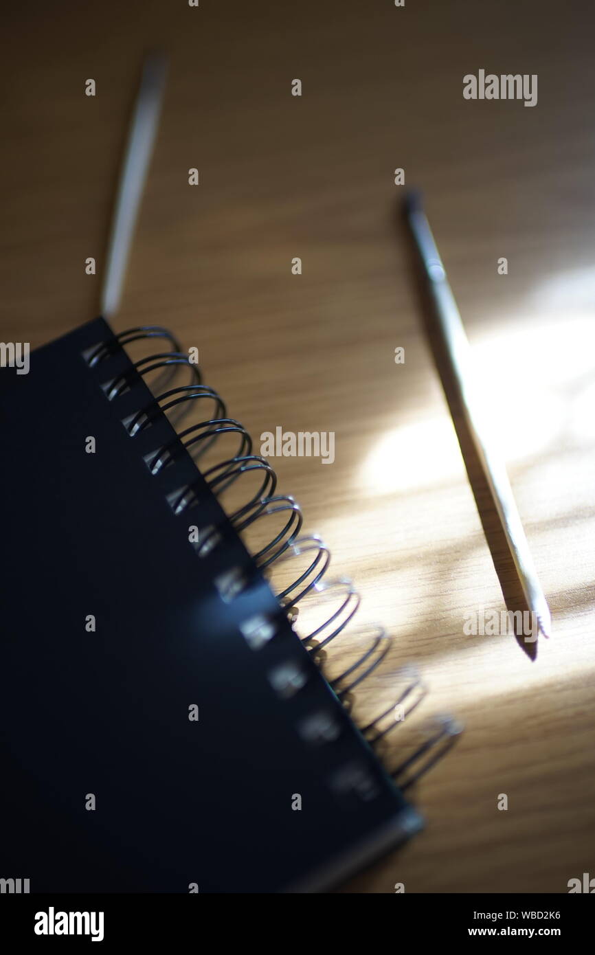 Schwarz Notebook auf einer Spirale, Pinsel und Bleistift auf eine Tabelle mit Sun Stockfoto