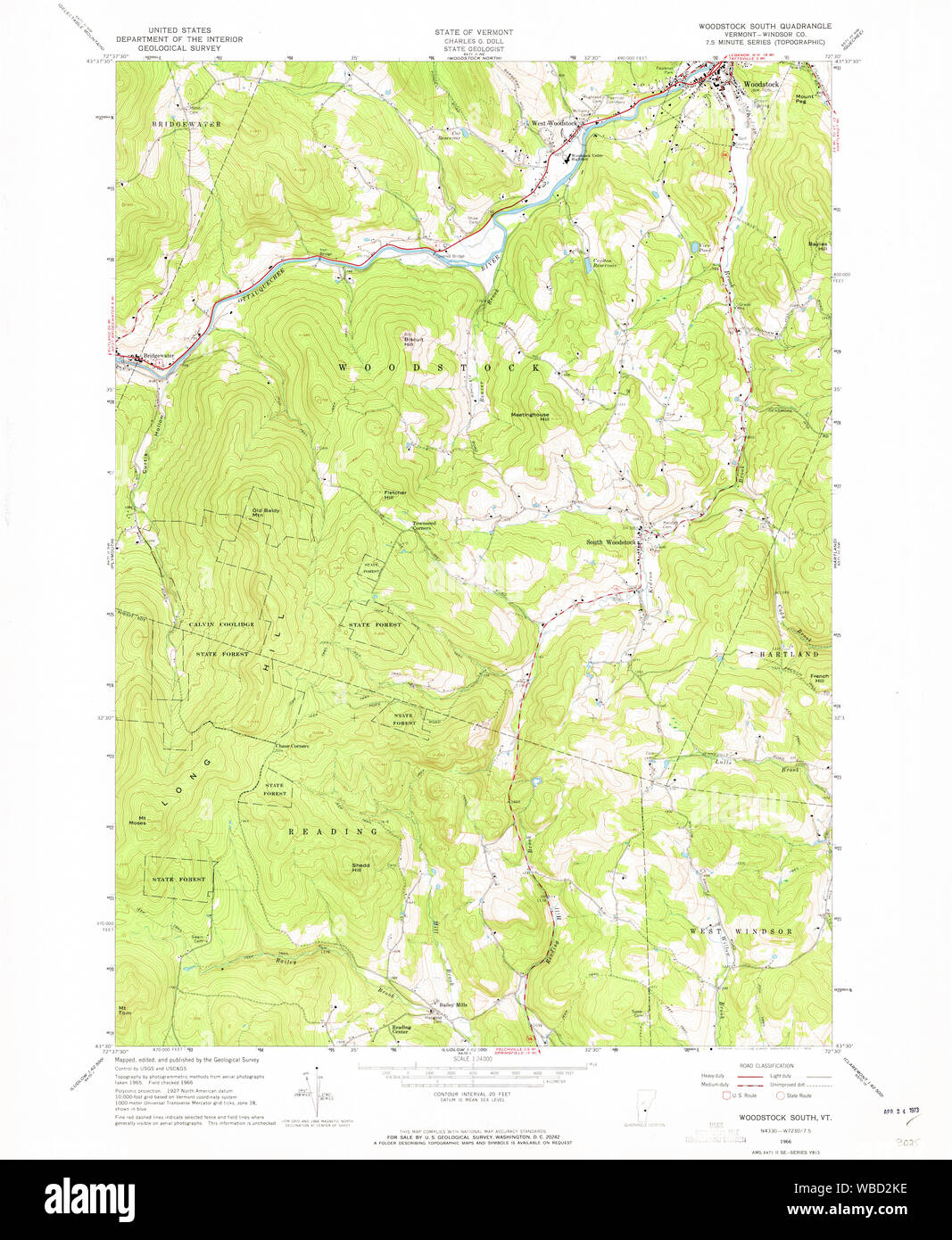 USGS Topo Karte Vermont VT Woodstock Süden 337741 1966 24000 Wiederherstellung Stockfoto