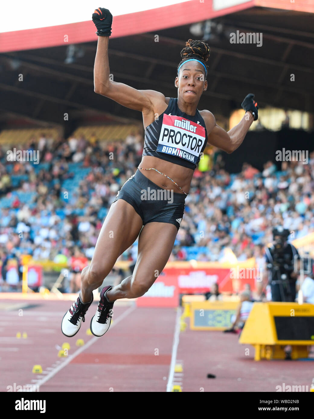 Birmingham, Großbritannien. 25 August, 2019. Teilen PROCTOR von BIRCHFIELD HARRIES in Aktion während der Frauen Weitsprung am Muller britischen Leichtathletik WM Alexander Stadium, Birmingham, England Stockfoto