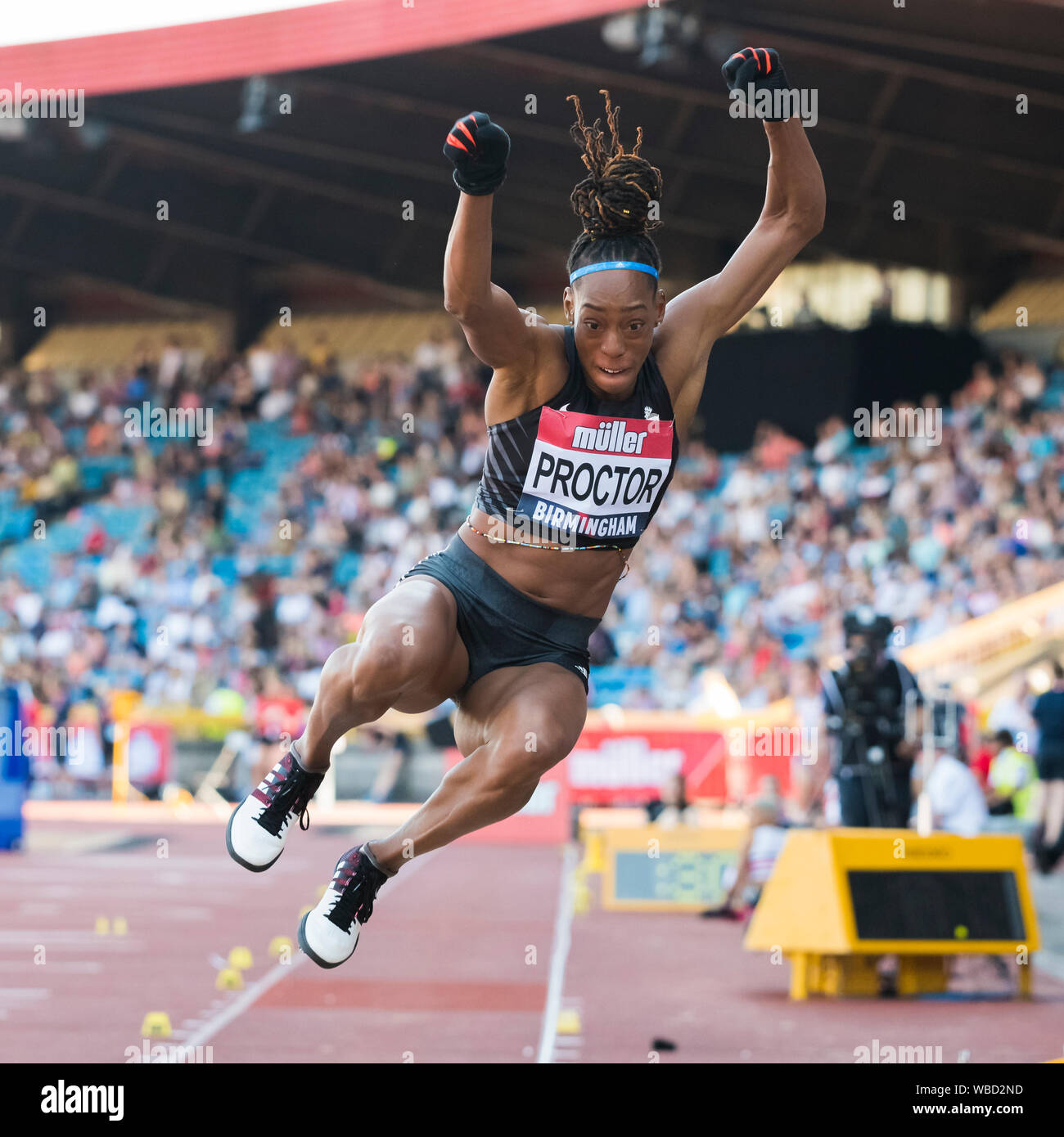 Birmingham, Großbritannien. 25 August, 2019. Teilen PROCTOR von BIRCHFIELD HARRIES in Aktion während der Frauen Weitsprung am Muller britischen Leichtathletik WM Alexander Stadium, Birmingham, England Stockfoto
