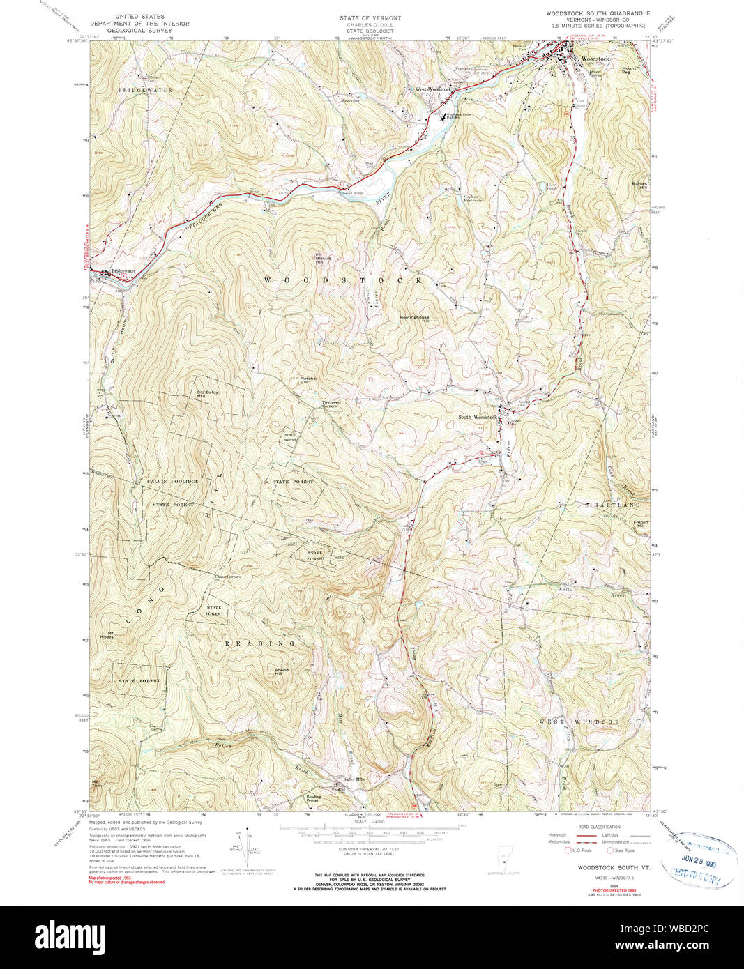 USGS Topo Karte Vermont VT Woodstock Süden 337742 1966 24000 Wiederherstellung Stockfoto
