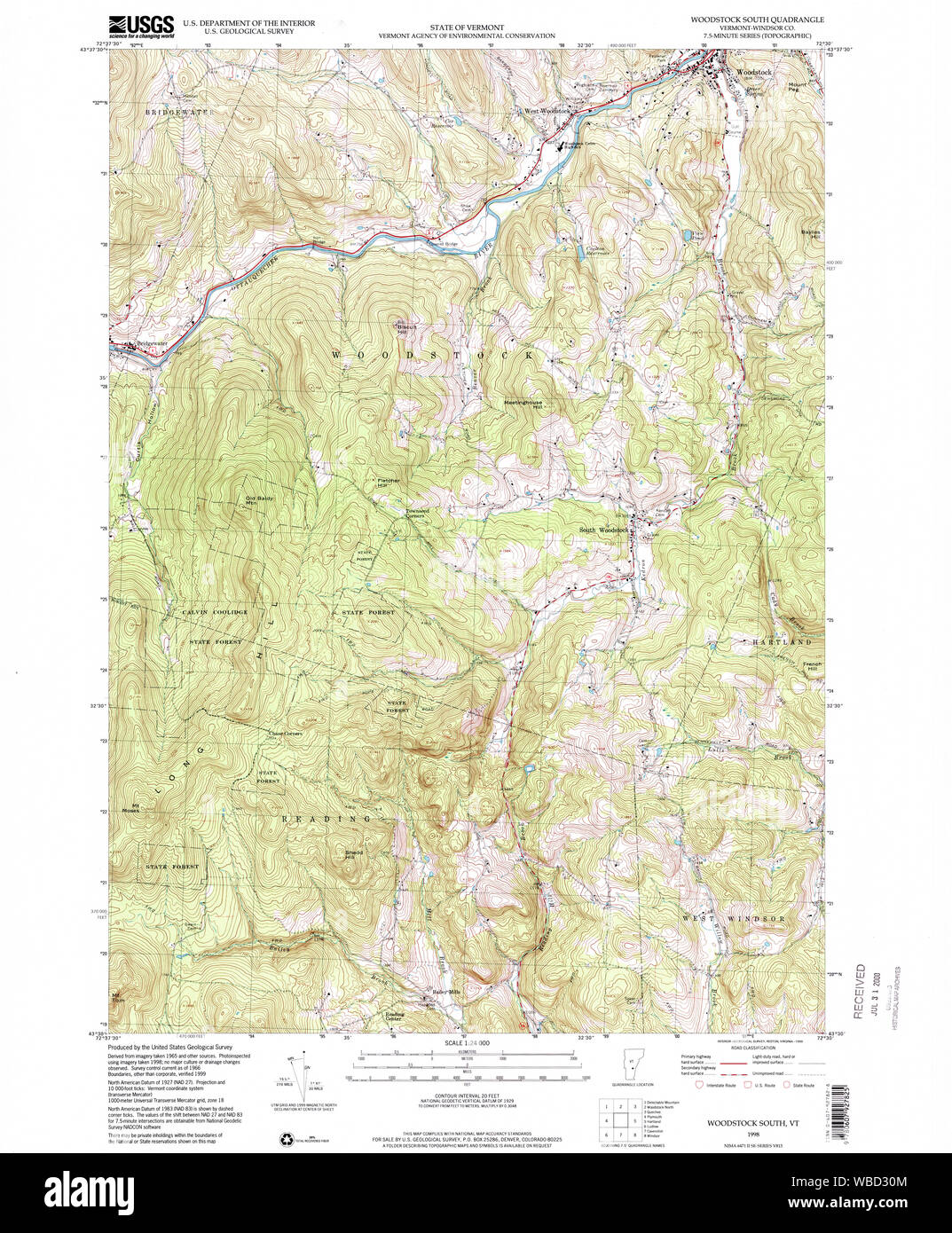 USGS Topo Karte Vermont VT Woodstock Süden 337743 1998 24000 Wiederherstellung Stockfoto