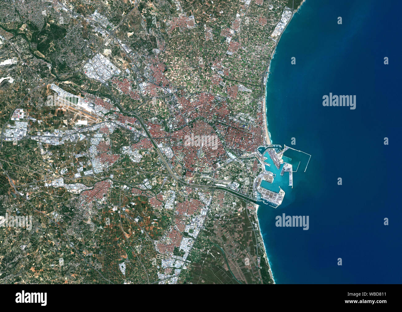Farbe Satellitenbild von Valencia, Spanien. Bild gesammelt am 3. Oktober 2018 von Sentinel-2 Satelliten. Stockfoto