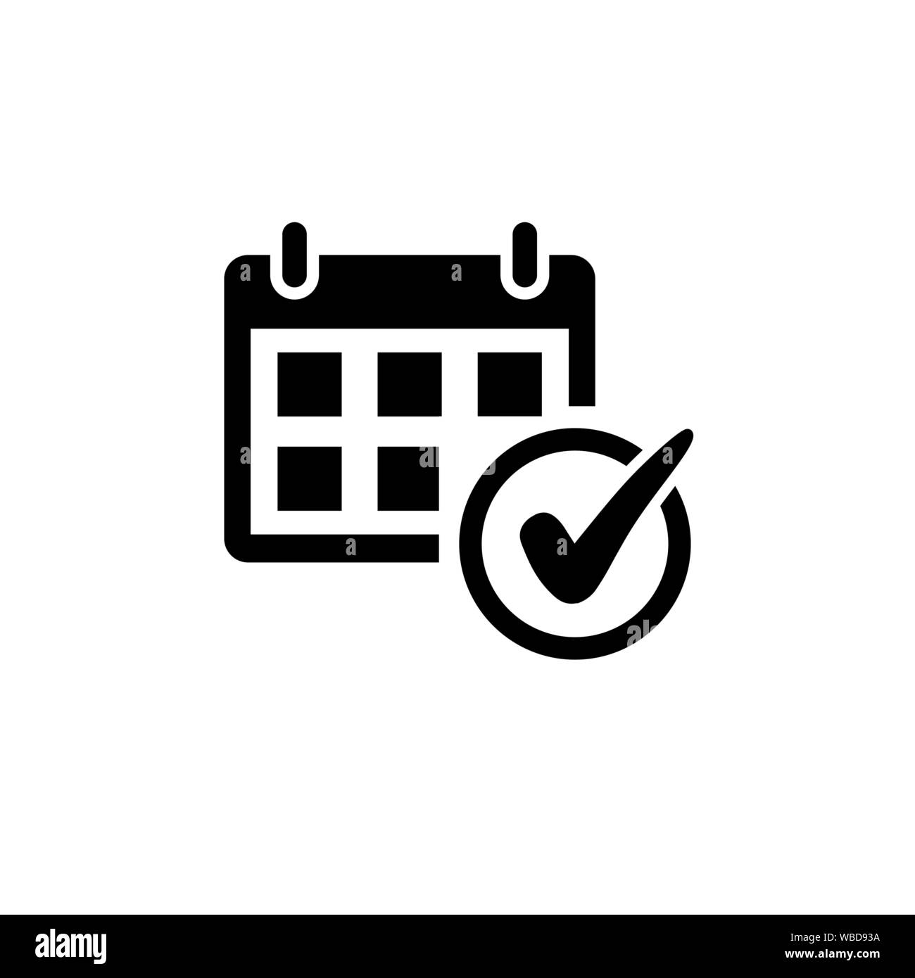 Zeitplan der Veranstaltung Symbol im flachen Stil. Symbol "Kalender" mit Häkchen auf weißem Hintergrund. Datum und Symbol in Schwarz für Ihre Web site Design prüfen, Stock Vektor