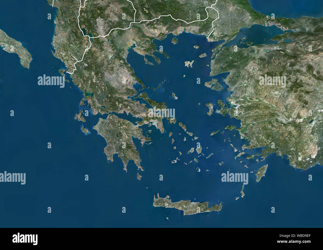 Farbe Satellitenbild von Griechenland und Türkei (mit administrativen Grenzen). Dieses Bild wurde aus Daten von Sentinel-2 & Landsat 8 Satelliten erfassten zusammengestellt. Stockfoto