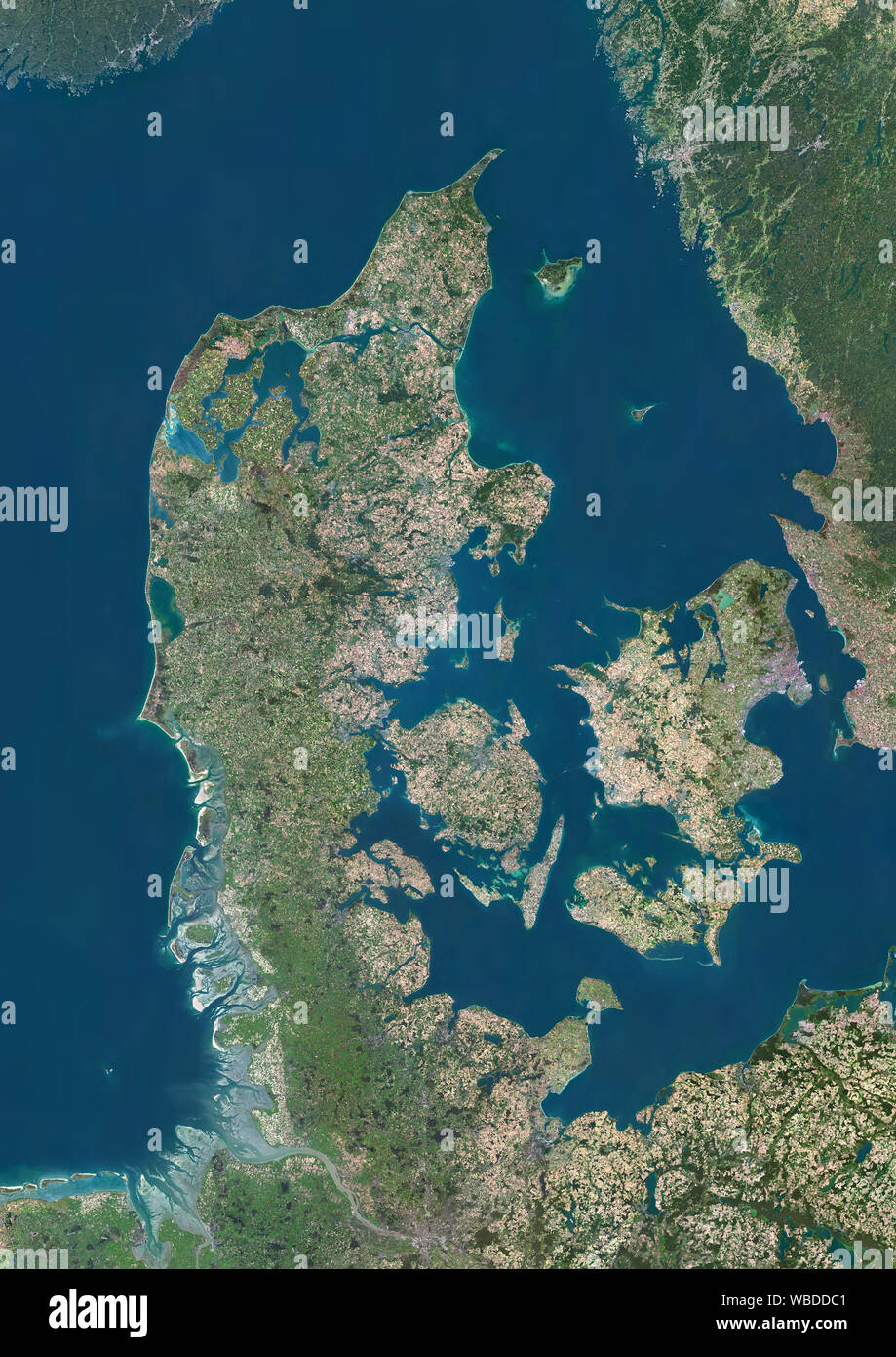 Farbe Satellitenbild von Dänemark. Dieses Bild wurde aus Daten von Sentinel-2 & Landsat 8 Satelliten erfassten zusammengestellt. Stockfoto