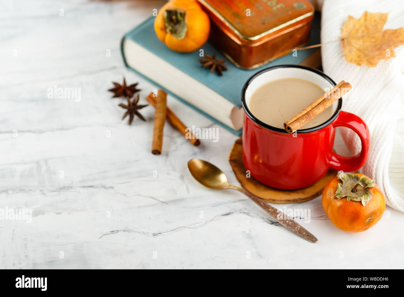 Emaillierte rot Tasse Kaffee mit Milch, Gewürzen - Zimtstangen und Anis Sterne, Buch, Kaki, Pullover, Herbst Ahorn Fox auf hellen Hintergrund Stockfoto
