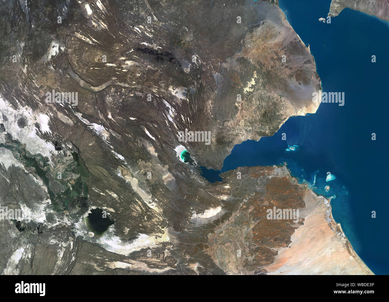 Farbe Satellitenbild von Dschibuti, einem Land im Horn von Afrika. Dieses Bild wurde aus Daten von Sentinel-2 & Landsat 8 Satelliten erfassten zusammengestellt. Stockfoto