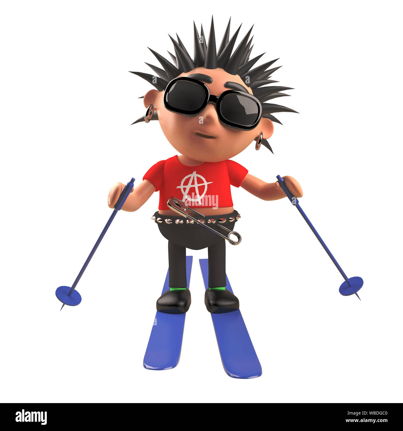3d-punk rock Zeichentrickfigur Skifahren auf Skiern, 3d-Grafik rendern Stockfoto