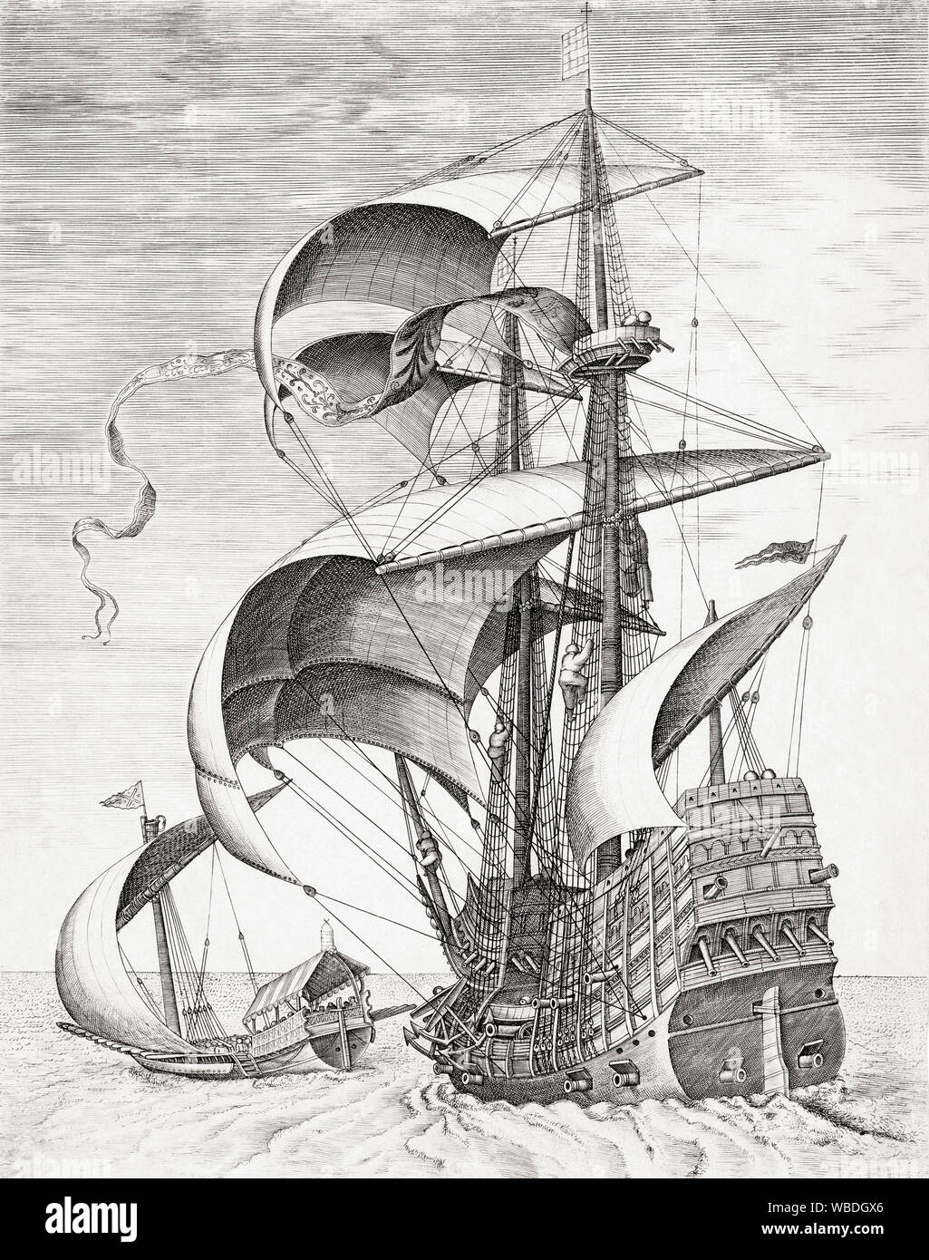 16. jahrhundert Kriegsschiff und eine Kombüse. Nach einer Arbeit von Pieter Bruegel der Ältere. Stockfoto