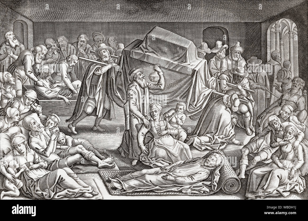 Menschen sterben an der Krankheit, wie die Pest, während der spanischen Belagerung der Stadt Leiden während des 80jährigen Krieges. Nach einem 17. Jahrhundert Arbeit von Willem de Haën. Stockfoto
