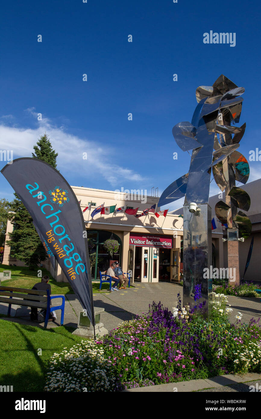 Besuchen Sie Anchorage Information Center befindet sich an der Ecke der 4. Avenue und F Street in Downtown Anchorage, Alaska. Stockfoto