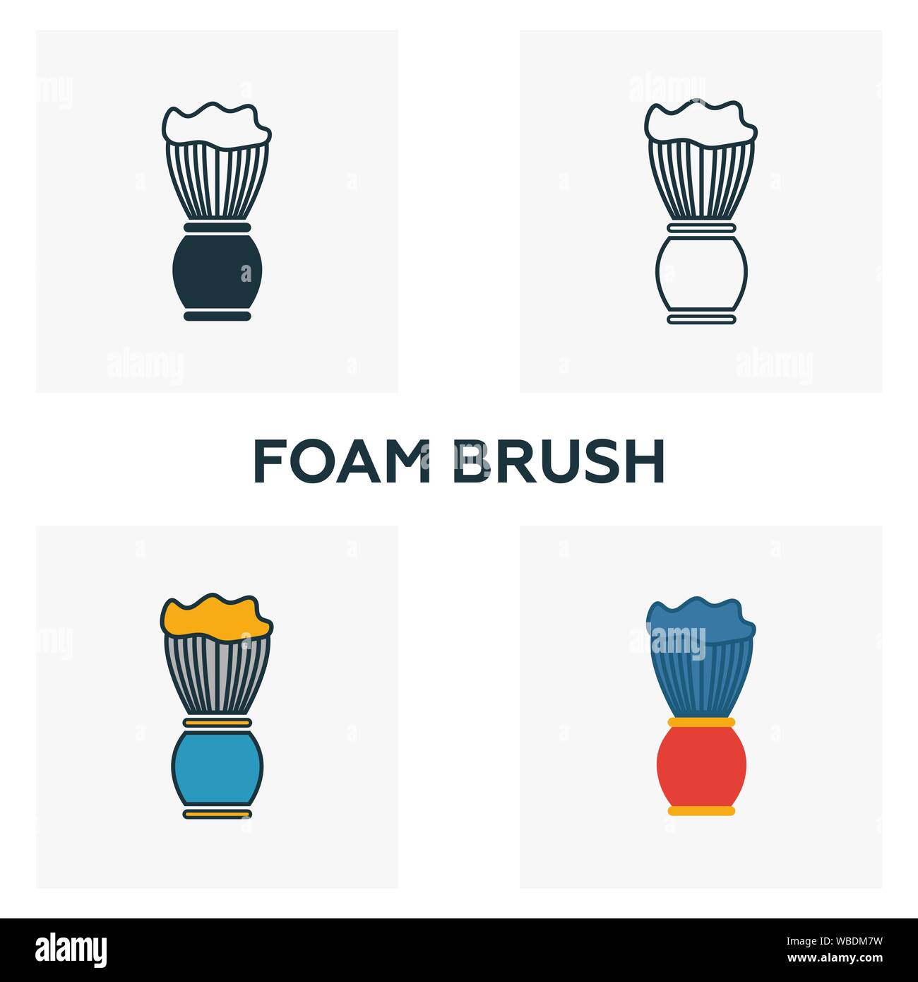 Schaum Pinsel Icon Set. Vier Elemente in verschiedenen Stilrichtungen von Friseur icons Collection. Kreative Schaumstoff Bürste Icons, Outline, farbige und flach Stock Vektor Schaum Pinsel Icon Set. Vier Elemente in verschiedenen Stilrichtungen von Friseur icons Collection. Kreative Schaumstoff Bürste Icons, Outline, farbige und flach Stock Vektor