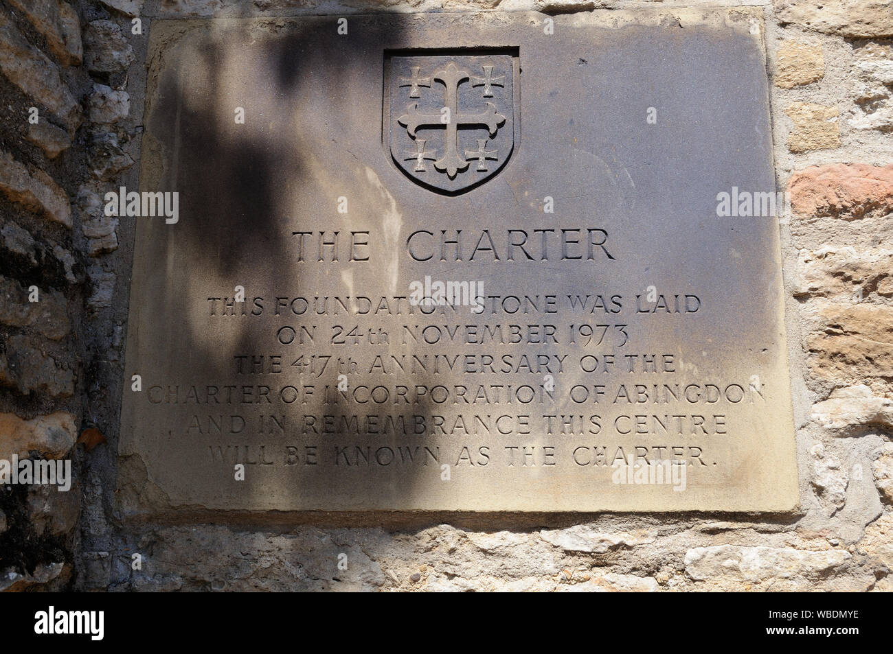 Grundstein an den Wänden der Charta, Abingdon, Oxfordshire Stockfoto