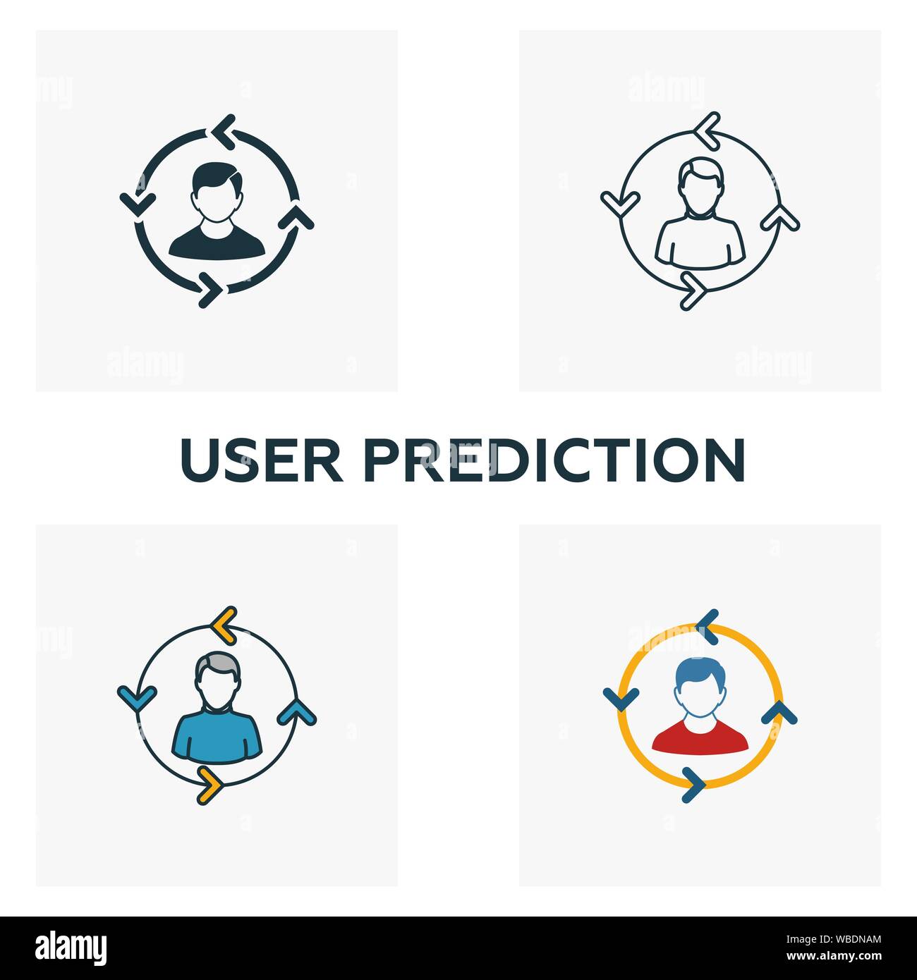 Benutzer Vorhersage Icon Set. Vier Elemente in verschiedenen Stilrichtungen von großen Daten icons Collection. Kreative benutzer Vorhersage Icons, Outline, farbige und Stock Vektor