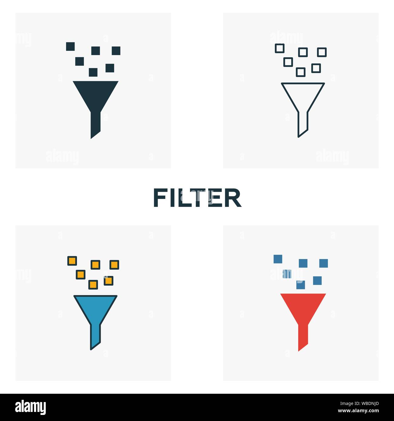 Symbol "Filter gesetzt. Vier Elemente in verschiedenen Stilrichtungen von großen Daten icons Collection. Creative Filter Icons, Outline, Farben und Symbole Stock Vektor
