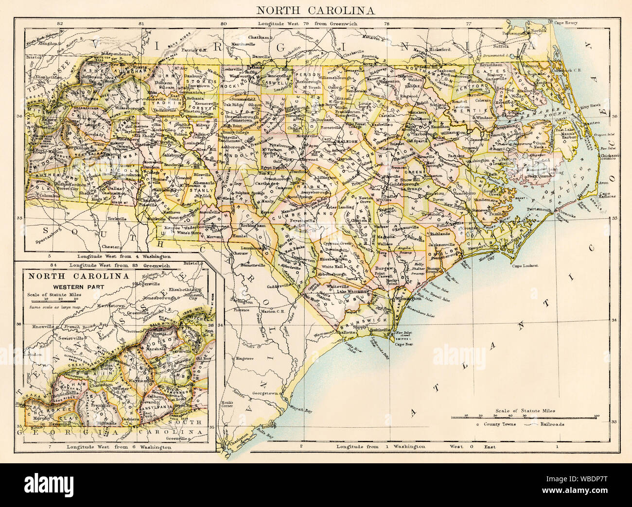 Karte von North Carolina, 1870. Farblithographie Stockfoto