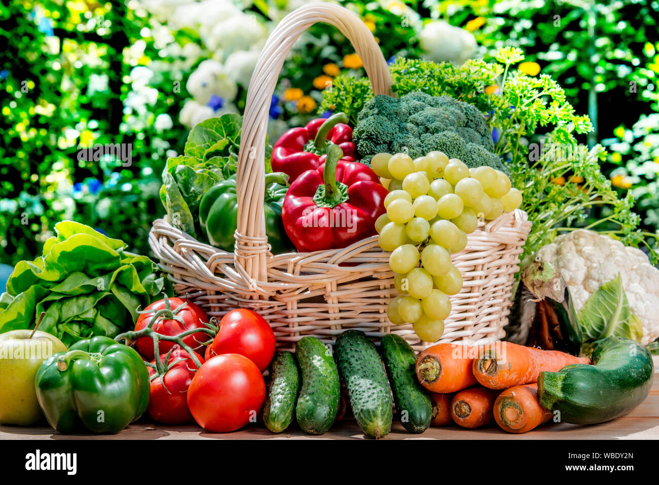 Auswahl an frischem Bio-Gemüse und Obst im Garten. Ausgewogene Ernährung Stockfoto