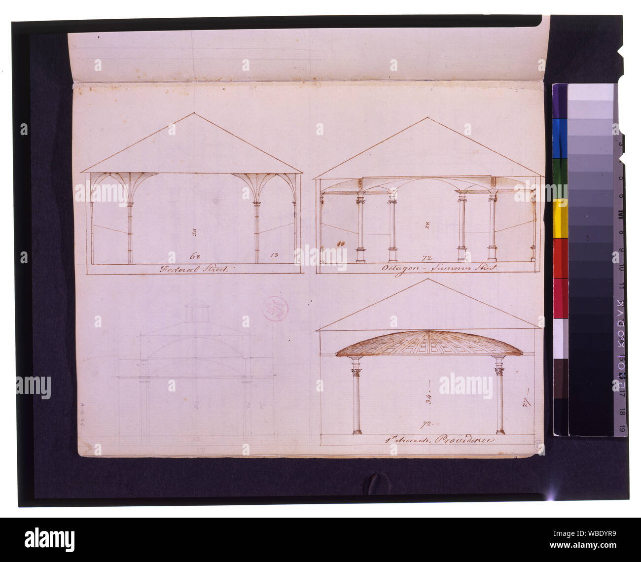 Vier Kirchen. Abschnitte Abstract / Medium: 4 Zeichnungen (1 Blatt): Tinte, Waschen, Graphit auf Papier. Stockfoto