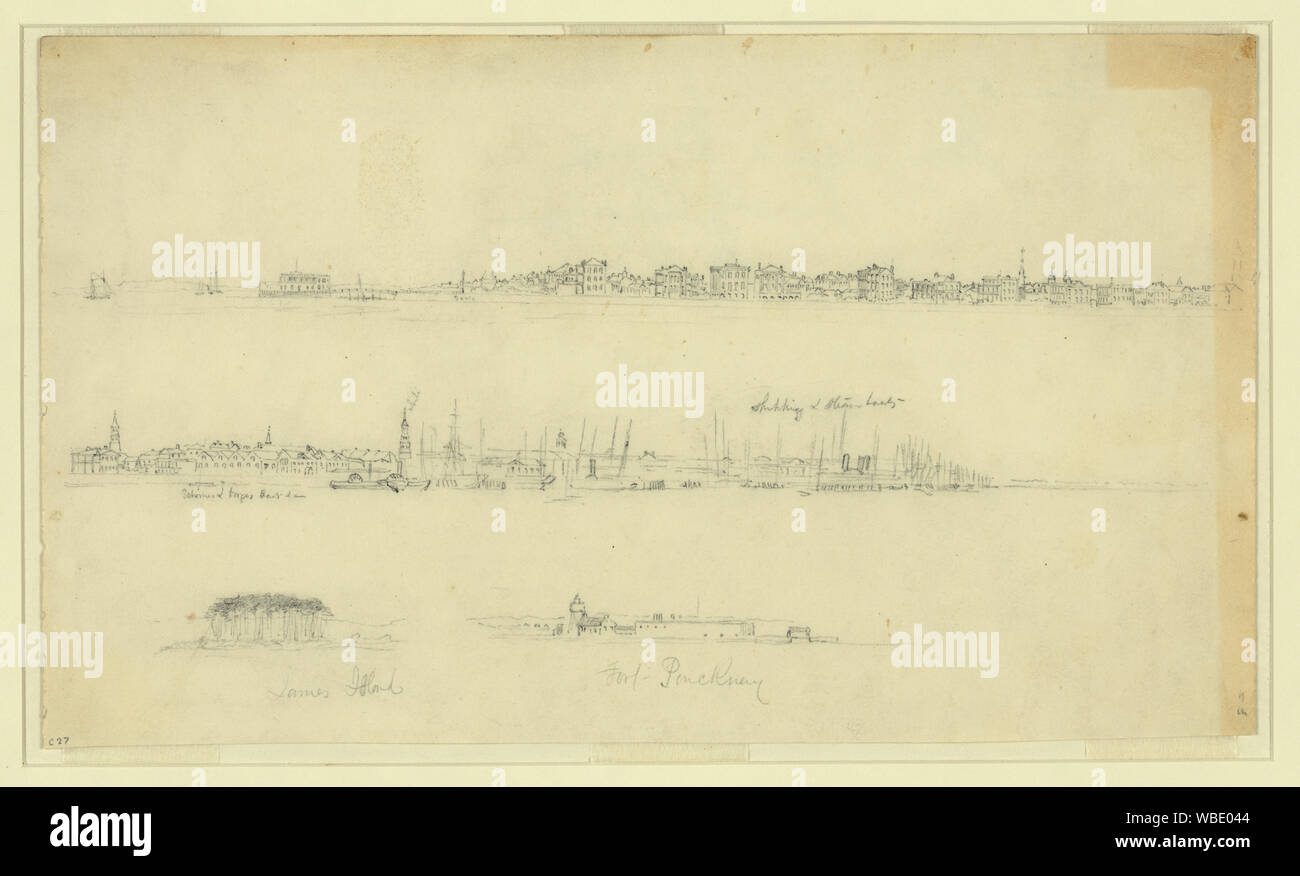 Vier Skizzen von Städten, Festungen, und Schiffe Abstract / Medium: 1 Zeichnung an den cremefarbenen Papier: Bleistift, 16,5 x 28,4 cm. (Blatt). Stockfoto