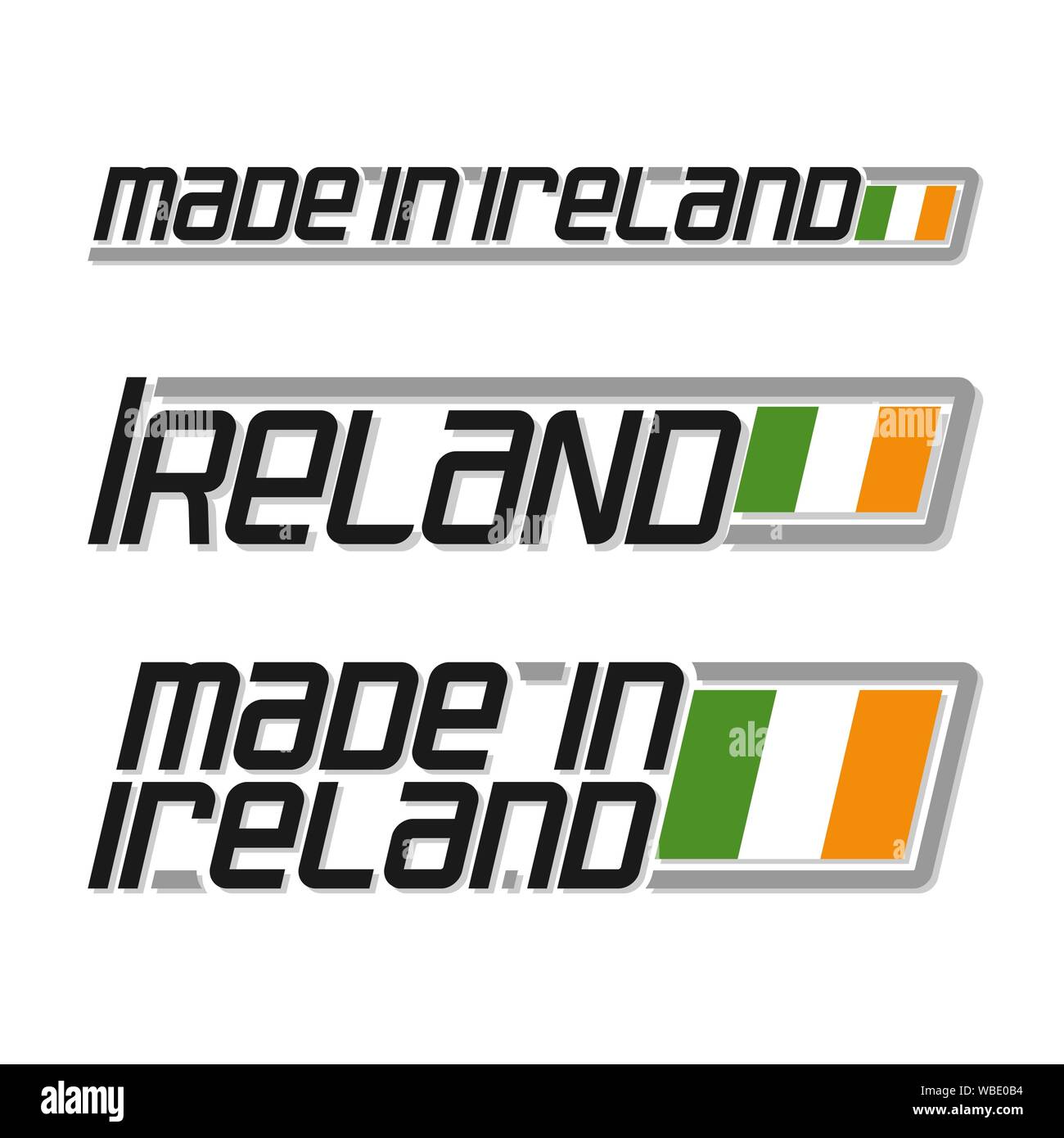 Vector Abbildung: Logo für 'made in Irland", bestehend aus drei isolierten nationalen irischen Staat Irland Flaggen und Text auf weißem Hintergrund. Stock Vektor