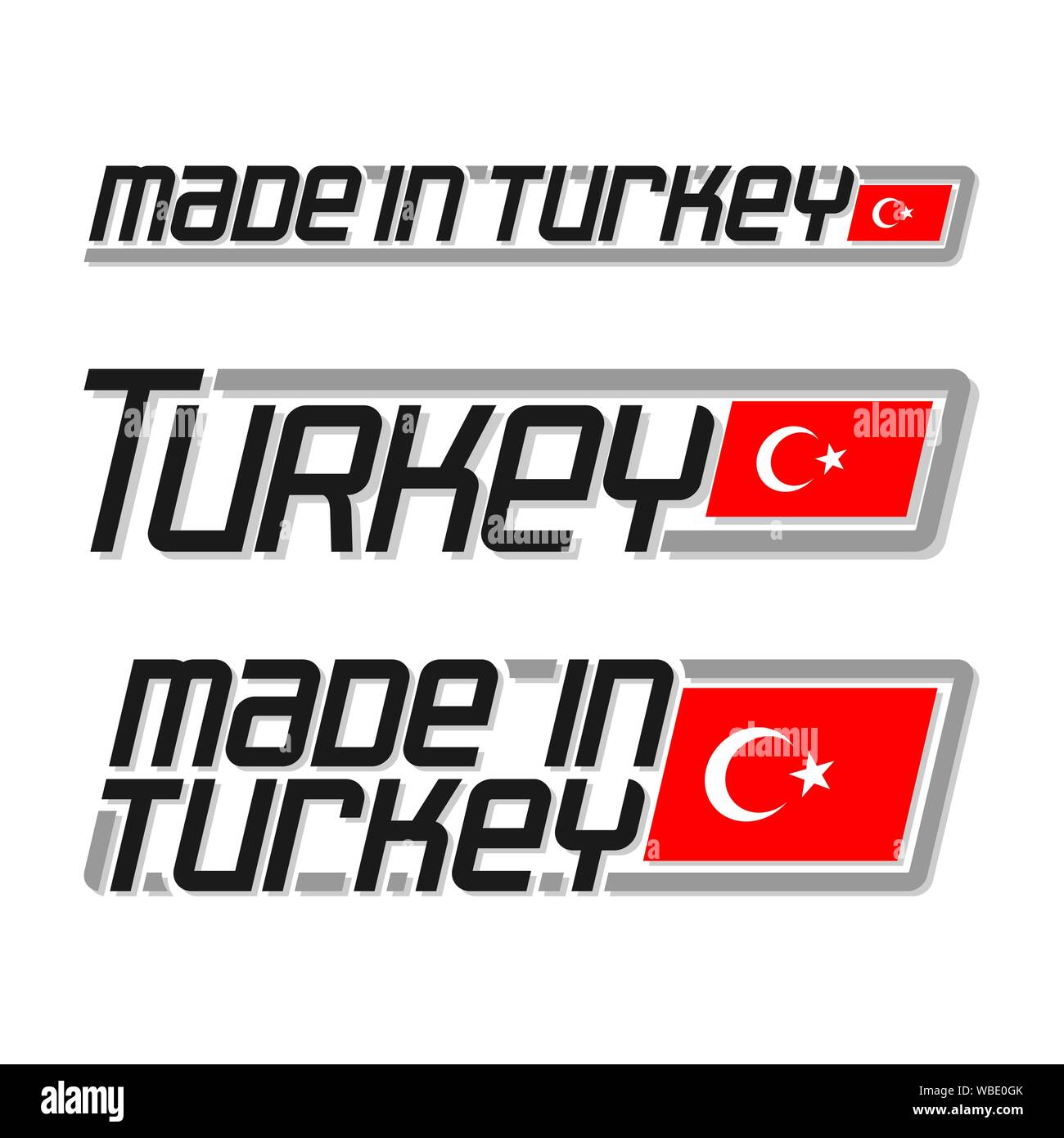 Vector Abbildung: Logo für 'made in der Türkei", bestehend aus drei isolierten flags Zeichnungen mit dem türkischen Staat Flagge und Text der Türkei Stock Vektor