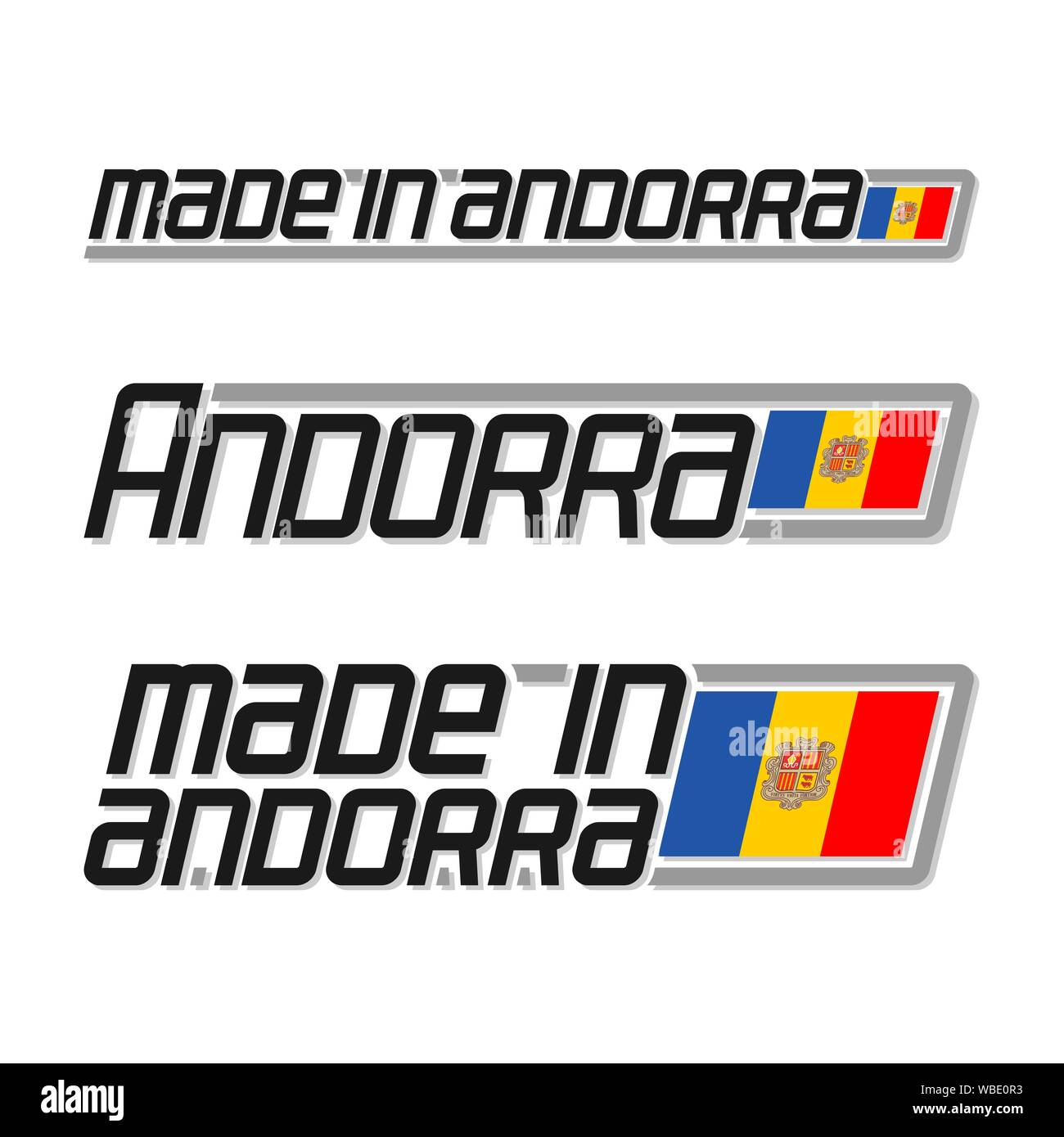 Vector Abbildung: Logo für 'made in Andorra', bestehend aus drei isolierten flags Zeichnungen mit andorranischen Staat Flagge und Text Andorra auf w Stock Vektor