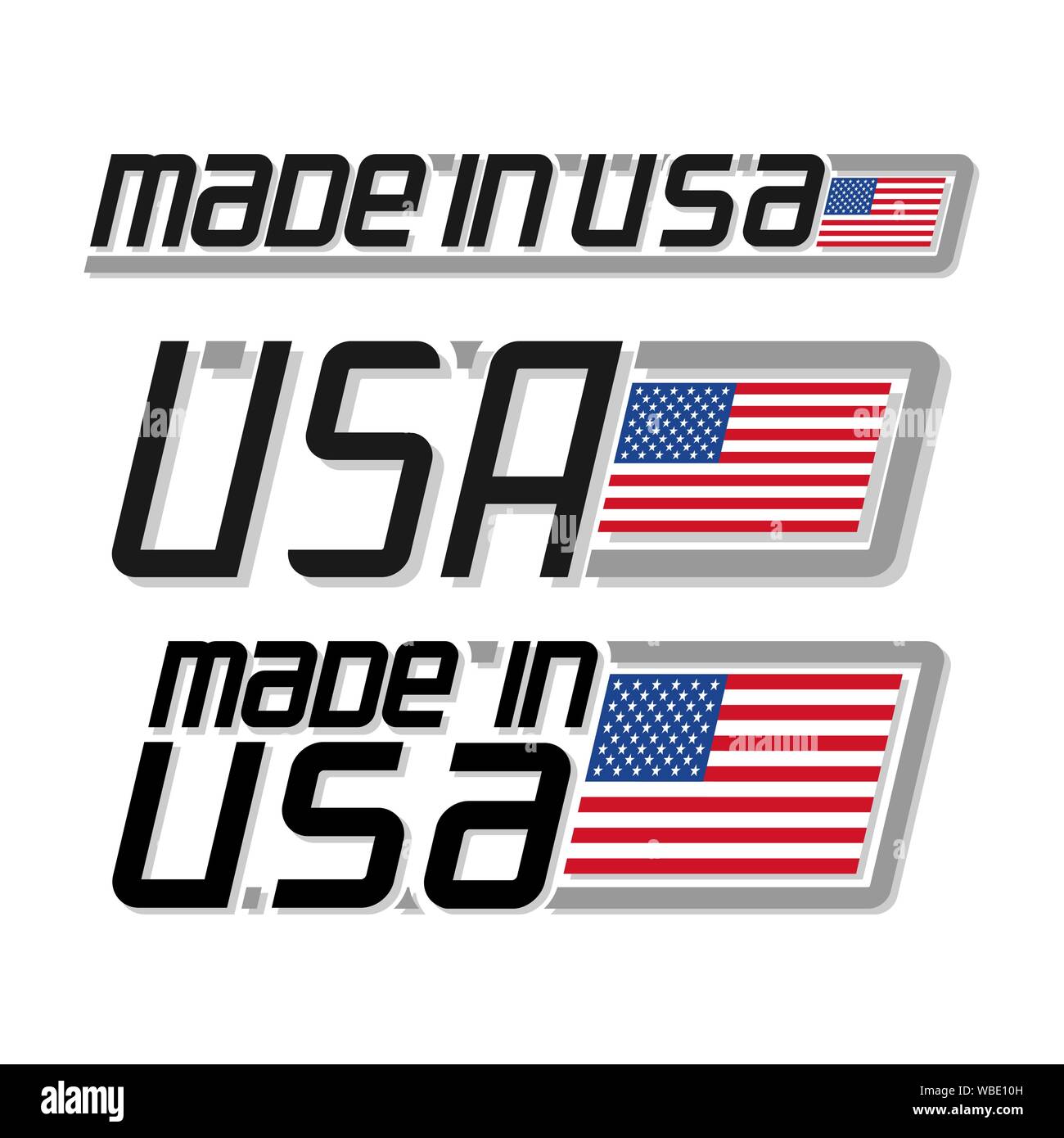 Vector Abbildung: Logo für 'made in USA', bestehend aus drei isolierten Zeichnungen Flags mit American National Staat Flagge der Vereinigten Staaten von Ameri Stock Vektor
