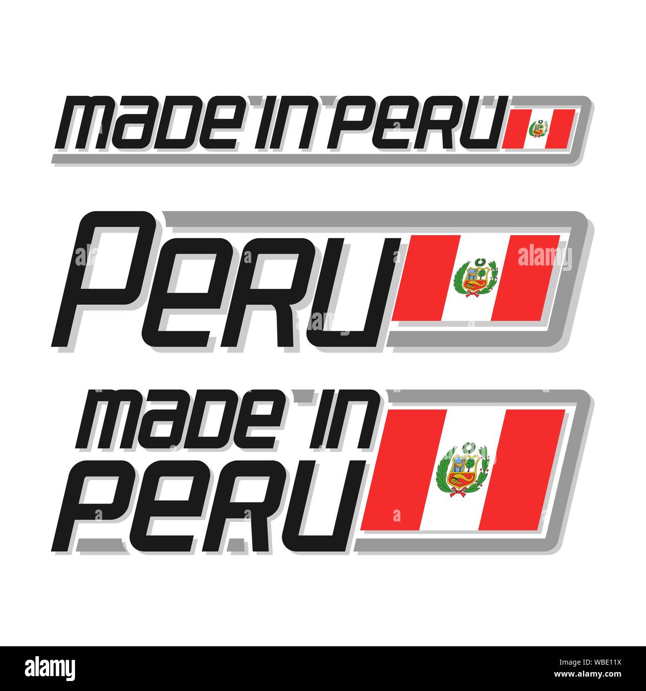 Vector Abbildung: Logo für "Made in Peru", bestehend aus drei isolierten flags Zeichnungen mit peruanischen Staat Flagge Republik Peru und tex Stock Vektor