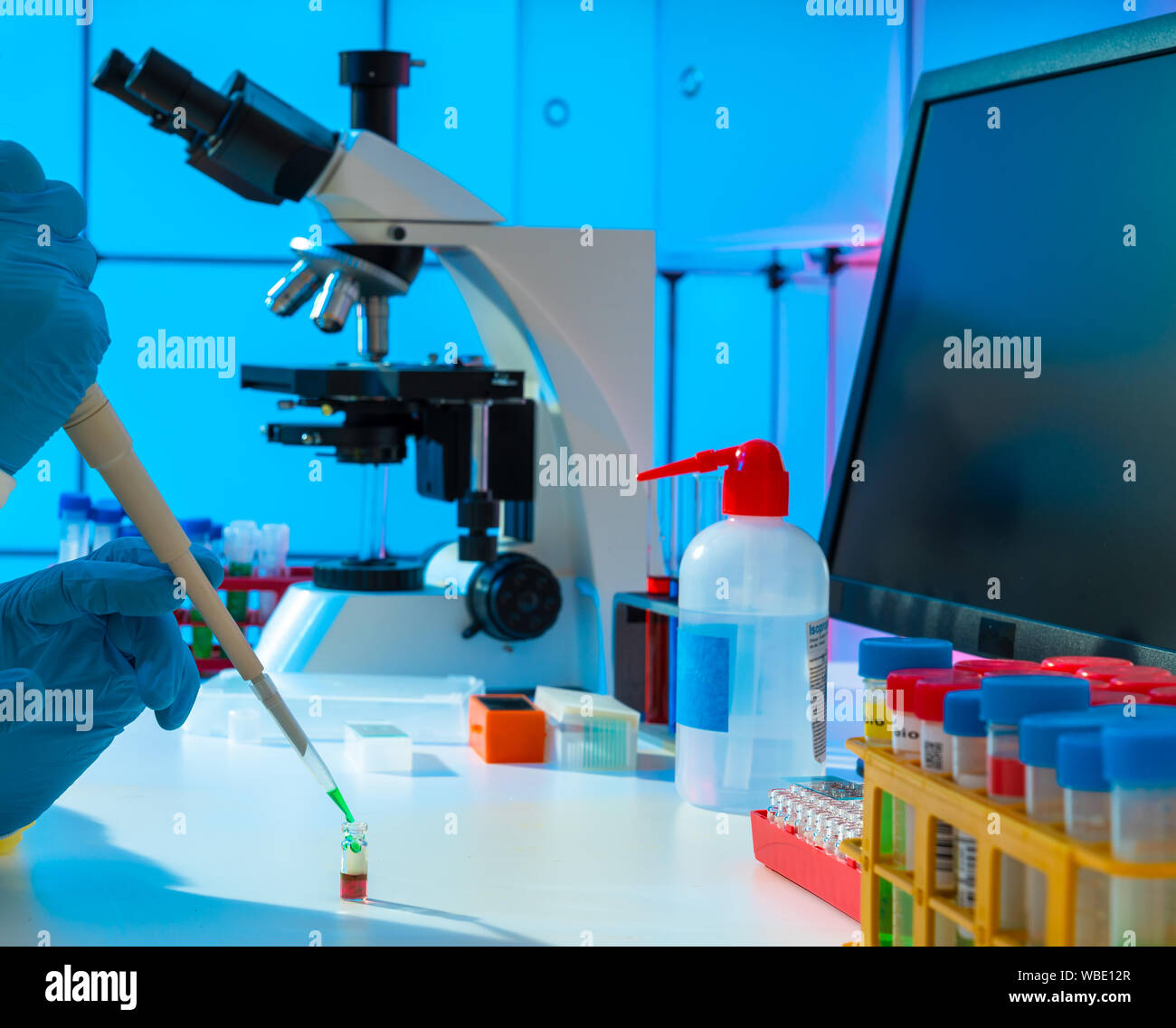 Mikrobiologische Experiment im medizinischen Labor. Prüfung der genetischen Materialien Stockfoto
