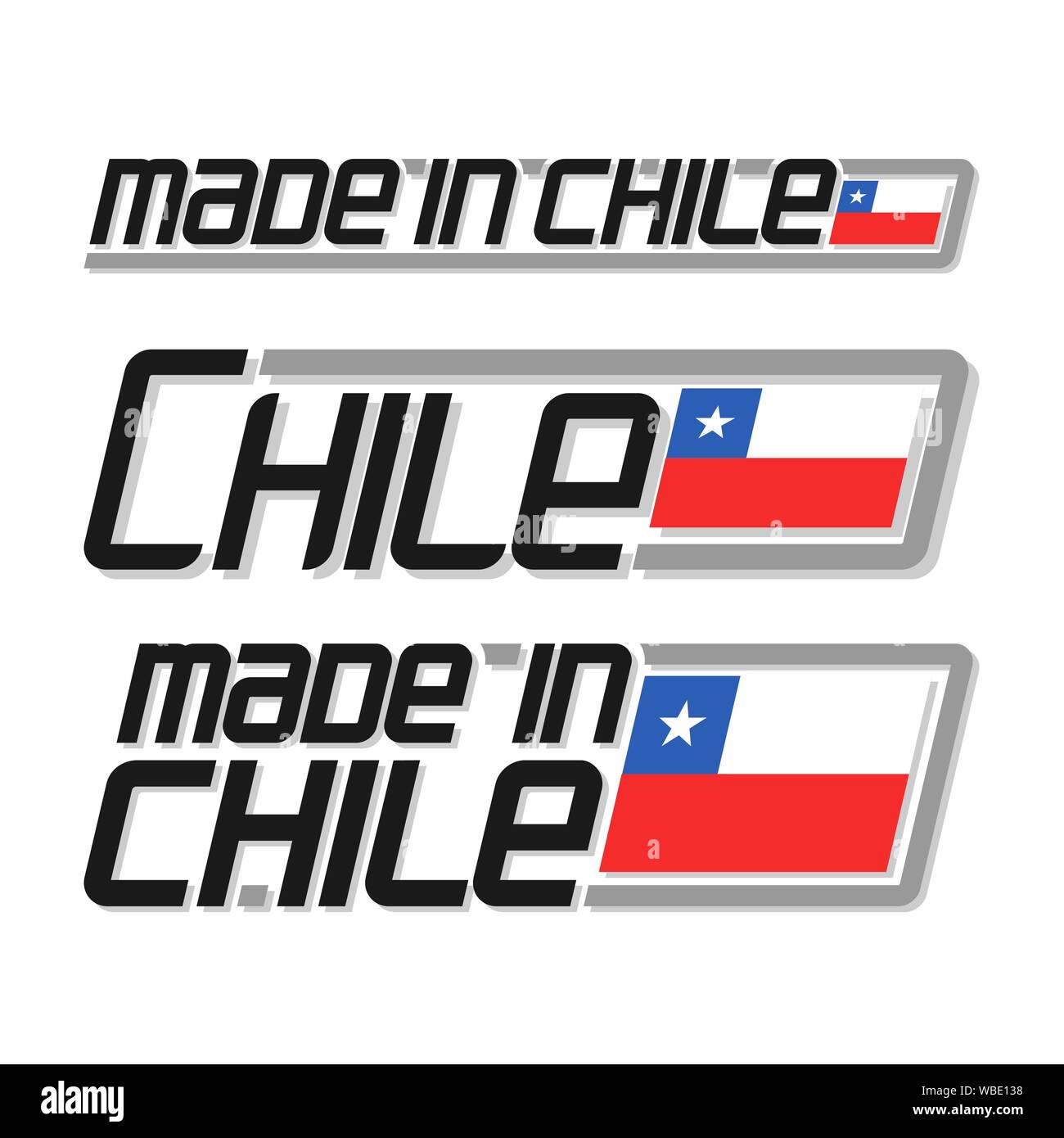 Vector Abbildung: Logo für 'made in Chile", bestehend aus drei isolierten flags Zeichnungen mit chilenischen Nationalen Staat Flagge der Republik Chile und Te Stock Vektor
