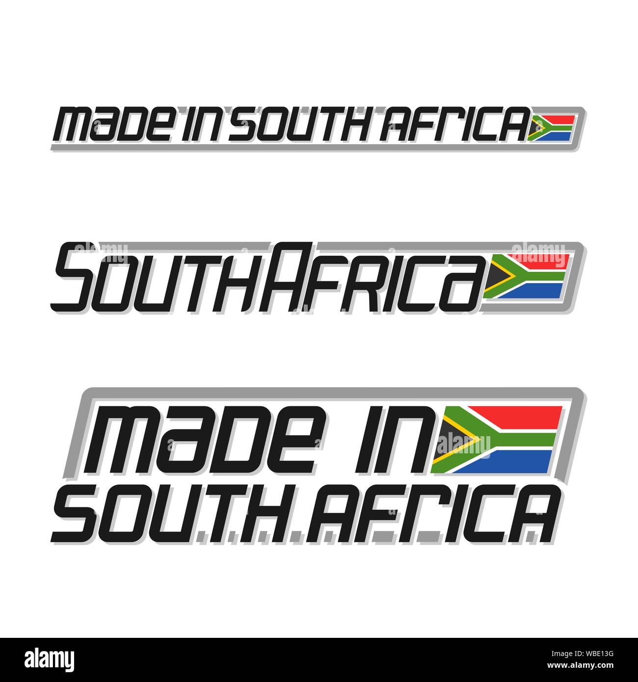 Vektor text 'made in Südafrika", drei isolierten nationalen Banner und Text Südafrika auf weißem Hintergrund. Stock Vektor