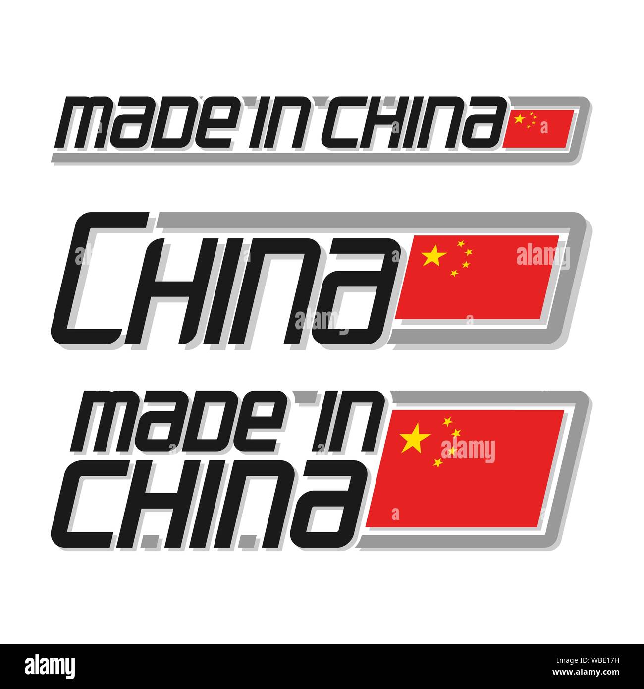 Vector Illustration Logo "Made in China", drei isolierten chinesischen nationalen Banner und Text China auf Weiß. Stock Vektor