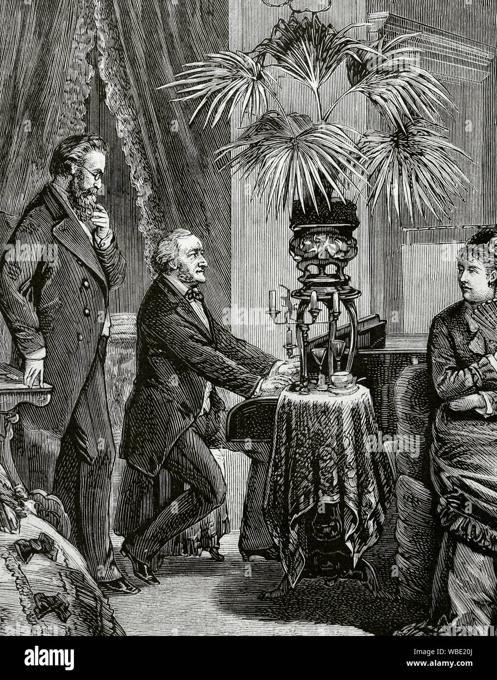 Richard Wagner (1813-1883). Deutsche Komponist, Dirigent und Regisseur. Wagner am Klavier Proben die Musik von "Das Rheingold" ("Das Rheingold"), Prolog der ersten vier Opern, dass die 'Der Ring des Nibelungen' (Der Ring des Nibelungen") Zyklus umfassen. Stand neben Ihm, der Dirigent, ungarischer Herkunft und Diffusor aus Wagners Werk, Hans Richter (1843-1916). Probe in Bayreuth anlässlich seiner Leistung als Teil der vollständigen Zyklus am 13 August, 1876, im Bayreuther Festspielhaus. Kupferstich von Capuz, Detail. La Española y Americana, Ilustracion Stockfoto