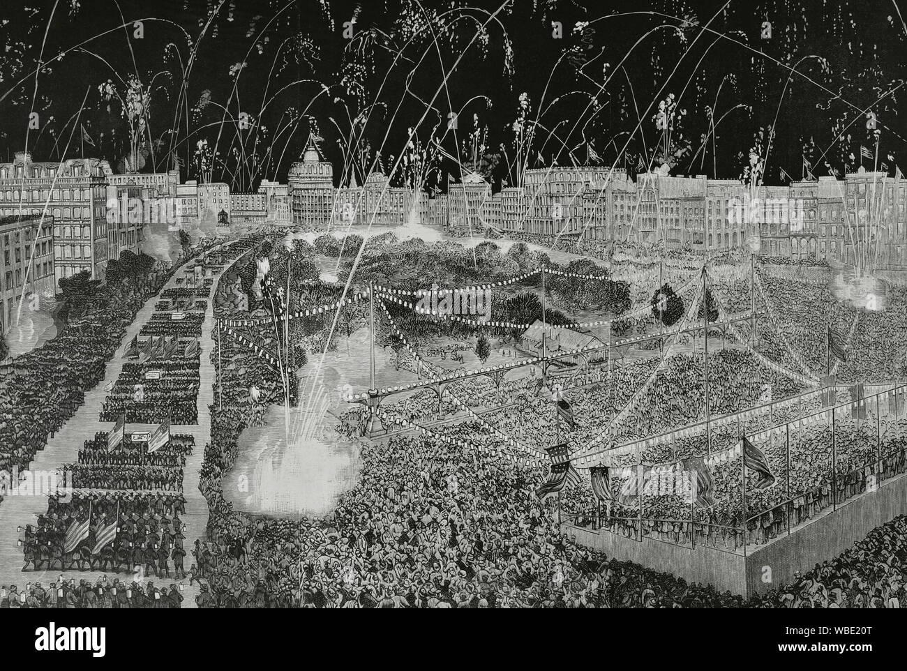 United States, New York. Jahrestag der amerikanischen Unabhängigkeit. Civic-militärischen Prozession (die "Fackelzug") in der Nacht vom Juli 3-4, 1876, Union Square. Gravur. La Ilustracion Española y Americana, 22. August 1876. Stockfoto