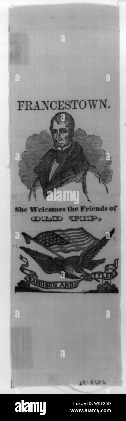 Francestown. Sie begrüßt die Freunde der alten Tipp Abstract: Eine Whig Kampagne Abzeichen, für die Francestown, New Hampshire, Rally Oktober 1840 produziert. Es umfasst eine Büste Portrait von William Henry Harrison, mit den Wörtern, die Sie [Francestown] begrüßt die Freunde der alten Tipp. Unten ist ein Adler im Flug mit einem Personal mit amerikanischer Flagge und Liberty cap, und schleppt ein Banner lesen Harrison und Tyler. Unter dem Adler sind ein Blockhaus und das Kapitol in Washington. Stockfoto