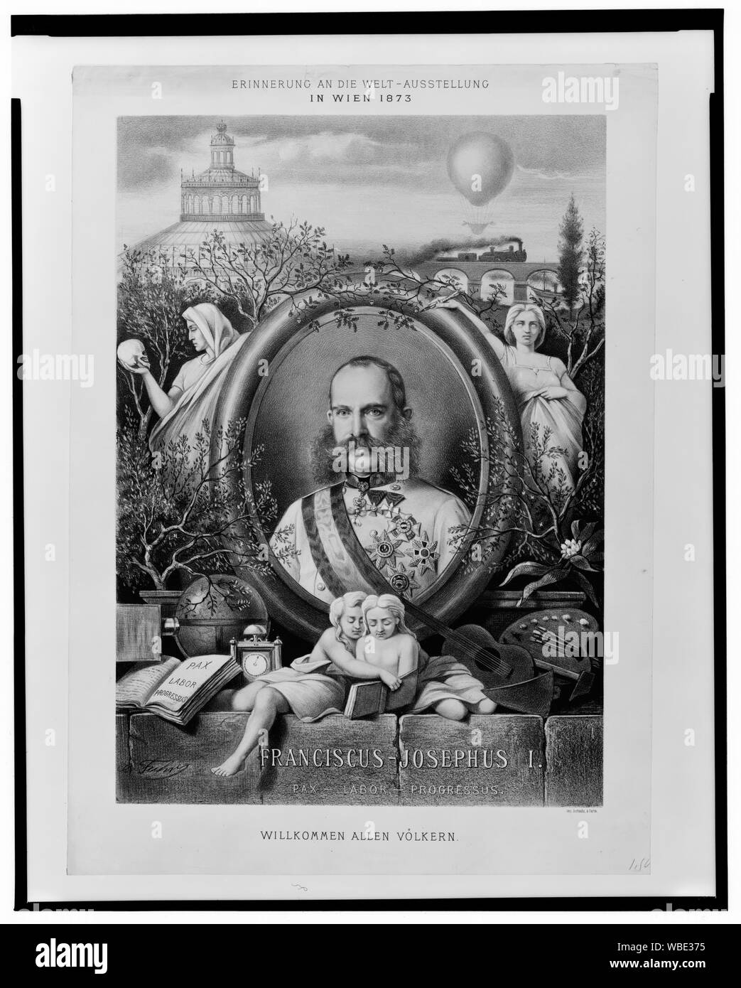 Franciscus-Josephus I. Pax, Arbeit, progressus; Drucken für die Weltausstellung in Wien Welt zeigt Kopf und Schultern Portrait von Kaiser Franz Joseph I. von Österreich, in Uniform, die von Objekten im Zusammenhang mit Kreativität und Kunst, Technologie umgeben, und Industrie und damit auch ein Zug über eine Brücke und ein Ballon im Hintergrund. Stockfoto