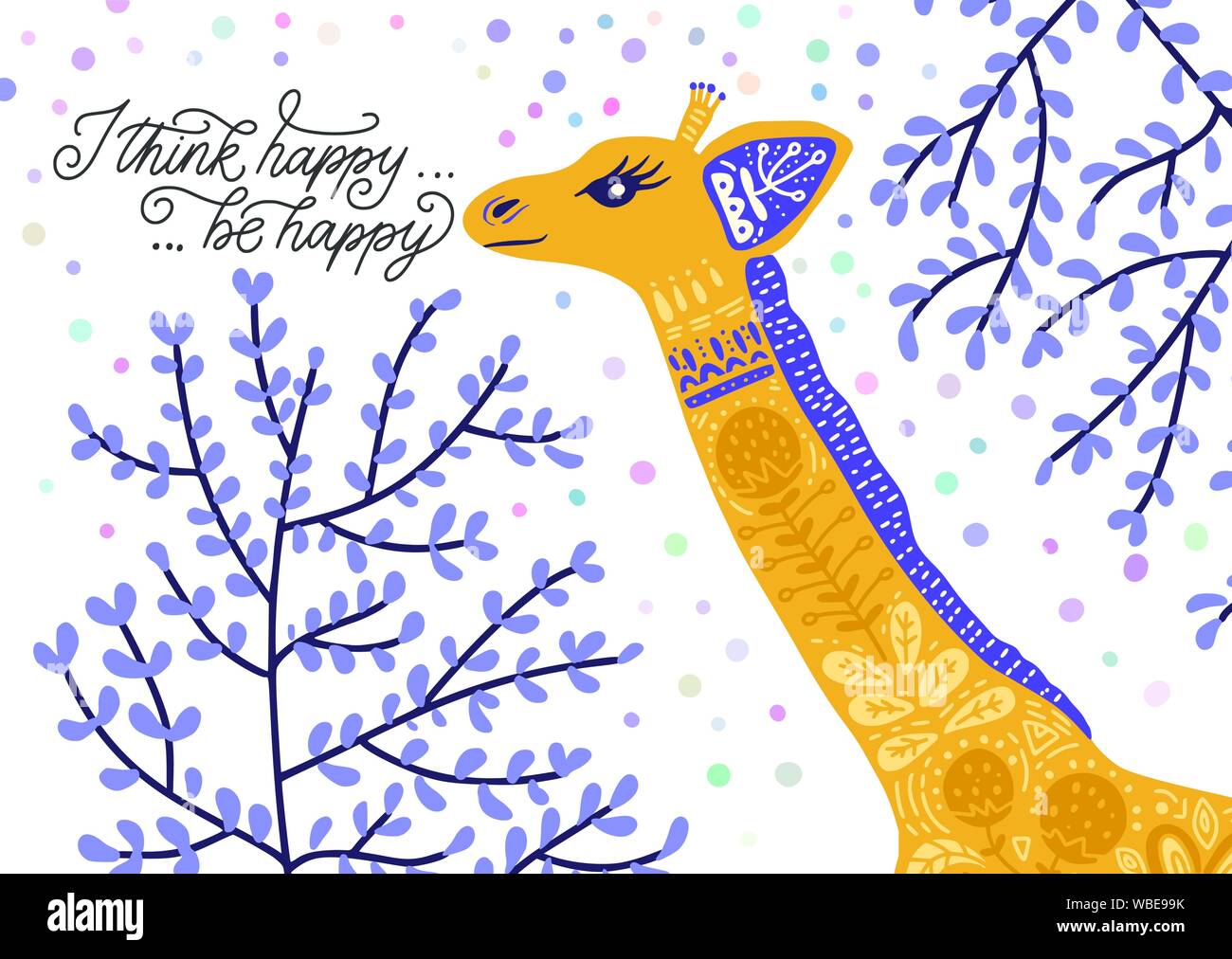 Cartoon giraffe Vektor flachbild Abbildung im skandinavischen Stil mit Schriftzug Zitat. Ich glaube, glücklich, glücklich werden. Stock Vektor