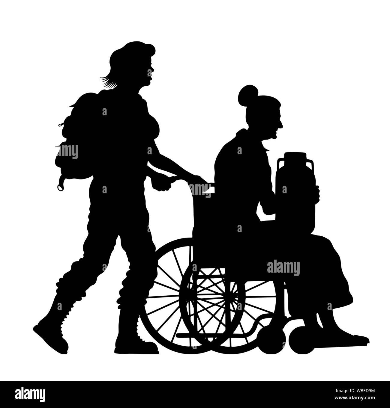 Einwanderer alte Frau im Rollstuhl und ihre Tochter Silhouette. Die Silhouette von Objekten und Hintergrund sind in verschiedenen Schichten. Stock Vektor