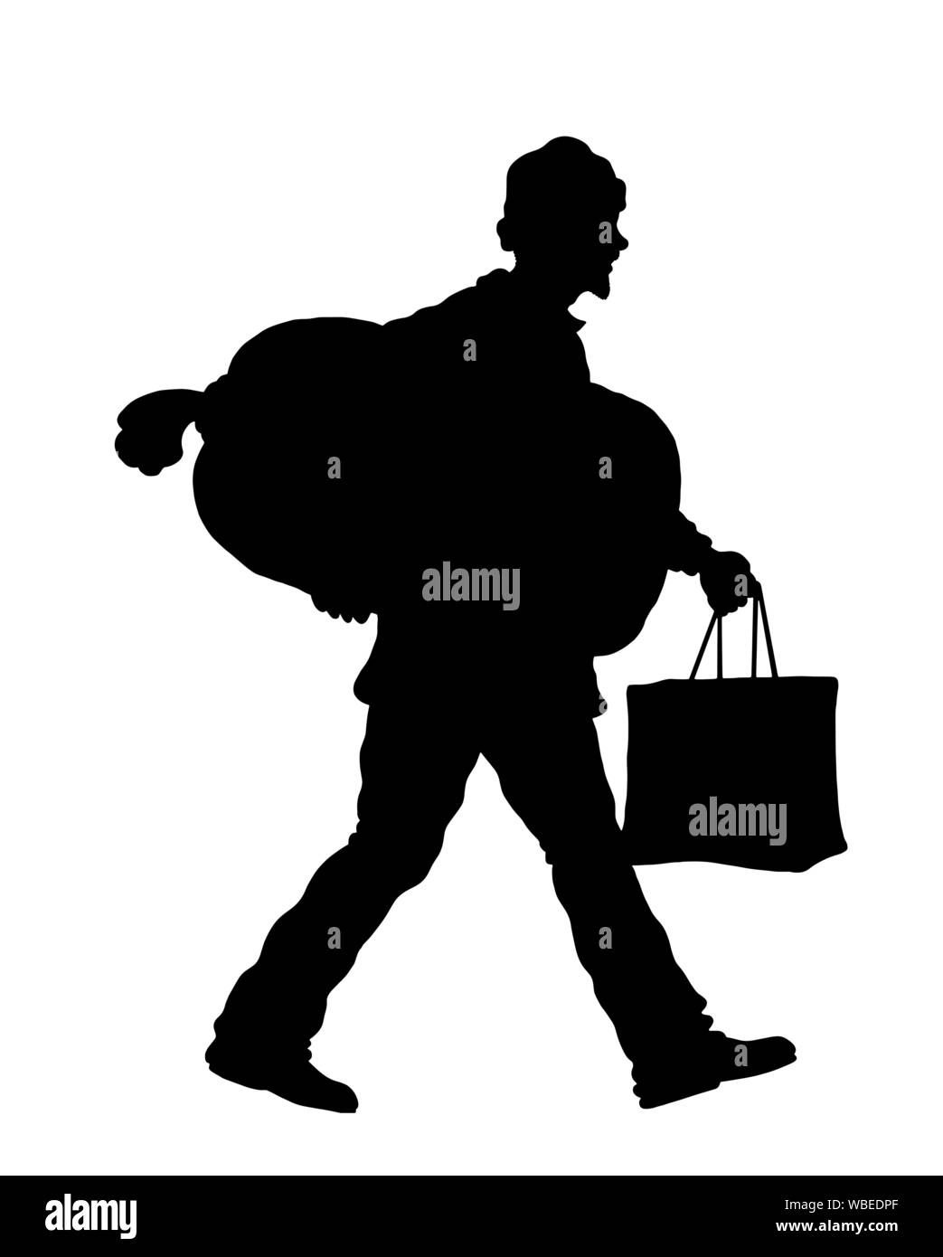Flüchtling mann Silhouette mit Sack und Tasche. Die Silhouette von Objekten und Hintergrund sind in verschiedenen Schichten. Stock Vektor