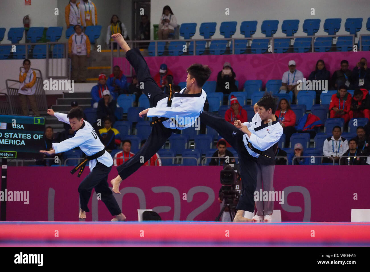 Taekwondo, Poomsae; Gold Medaillengewinner Alex Lee, Karyn Real, Andrew Lee, Ethan, Sonne und Sae-Jin Yi aus den USA in Aktion an der Lima 2019 Pan American Games Stockfoto
