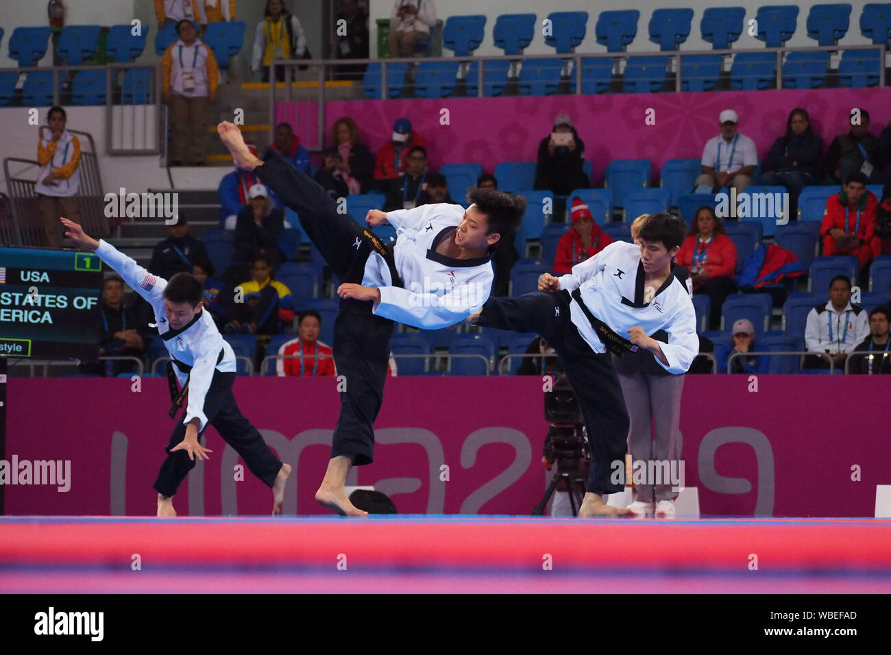 Taekwondo, Poomsae; Gold Medaillengewinner Alex Lee, Karyn Real, Andrew Lee, Ethan, Sonne und Sae-Jin Yi aus den USA in Aktion an der Lima 2019 Pan American Games Stockfoto