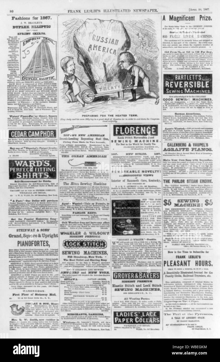 Volle Seite von Werbung und eine politische Karikatur der Vorbereitung für die beheizten Begriff; König Andy und sein Mann Billy in einem grossen Lager der Russischen Eis legen, um die Mehrheit im Kongress zu kühlen; Karikatur von Pres. Andrew Johnson und Sec. William Seward Durchführung großer Eisberg der Russischen Amerika in einer Schubkarre Vertrag; bezieht sich auf den Erwerb von Seward Alaska im Dez. 1866 Abstract / Medium: 1 Print: holzstich. Stockfoto
