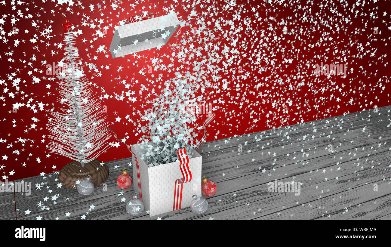 Weiß Geschenkbox mit roter Schleife explodierende innerhalb einer großen Anzahl von weißen Sternen, der Deckel fliegt. Die Box ist auf einem grauen Holzboden rot, backgro Stockfoto