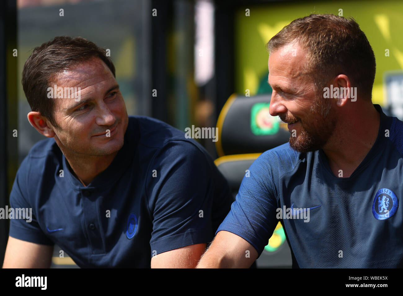 Manager von Chelsea, Frank Lampard und Assistant, Jody Morris - Norwich City v Chelsea, Premier League, Carrow Road, Norwich, Großbritannien - 24 August 2019 Editorial nur verwenden - DataCo Einschränkungen Stockfoto