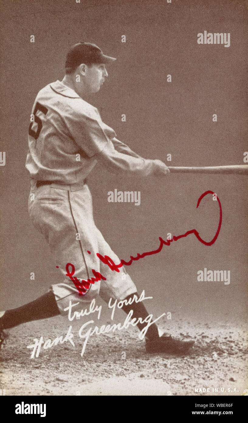 Handsignierte Ausstellung baseball Card von Halle des Ruhmes Baseballspieler Frank Greenberg, der war ein jüdischer Sportler, der in den Großen Ligen in den 1930er und 1940er Jahren. Stockfoto