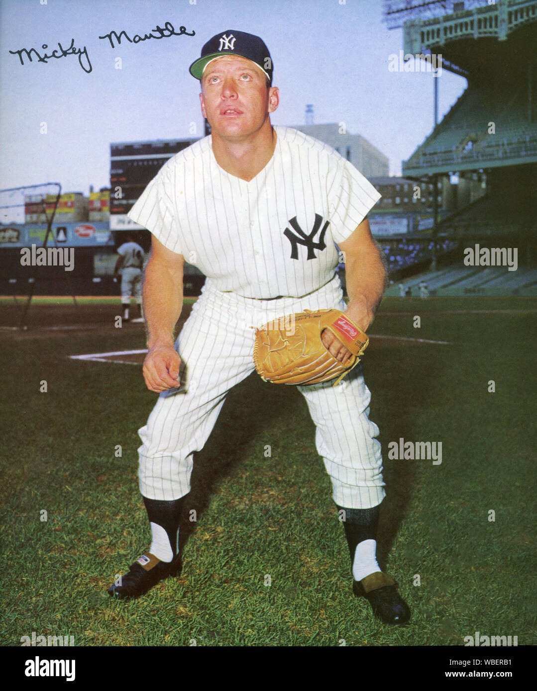 Foto von Mickey Mantle das legendäre New York Yankee Baseball Spieler in den 50er und 60er Jahren gestellt. Stockfoto