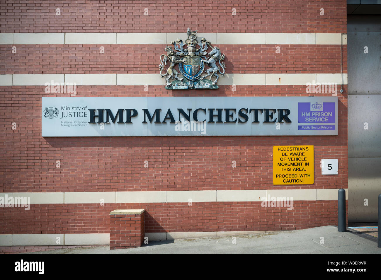 Signage für HMP Manchester (ehemals Strangeways) Hochsicherheitsgefängnis in Manchester, UK. Stockfoto
